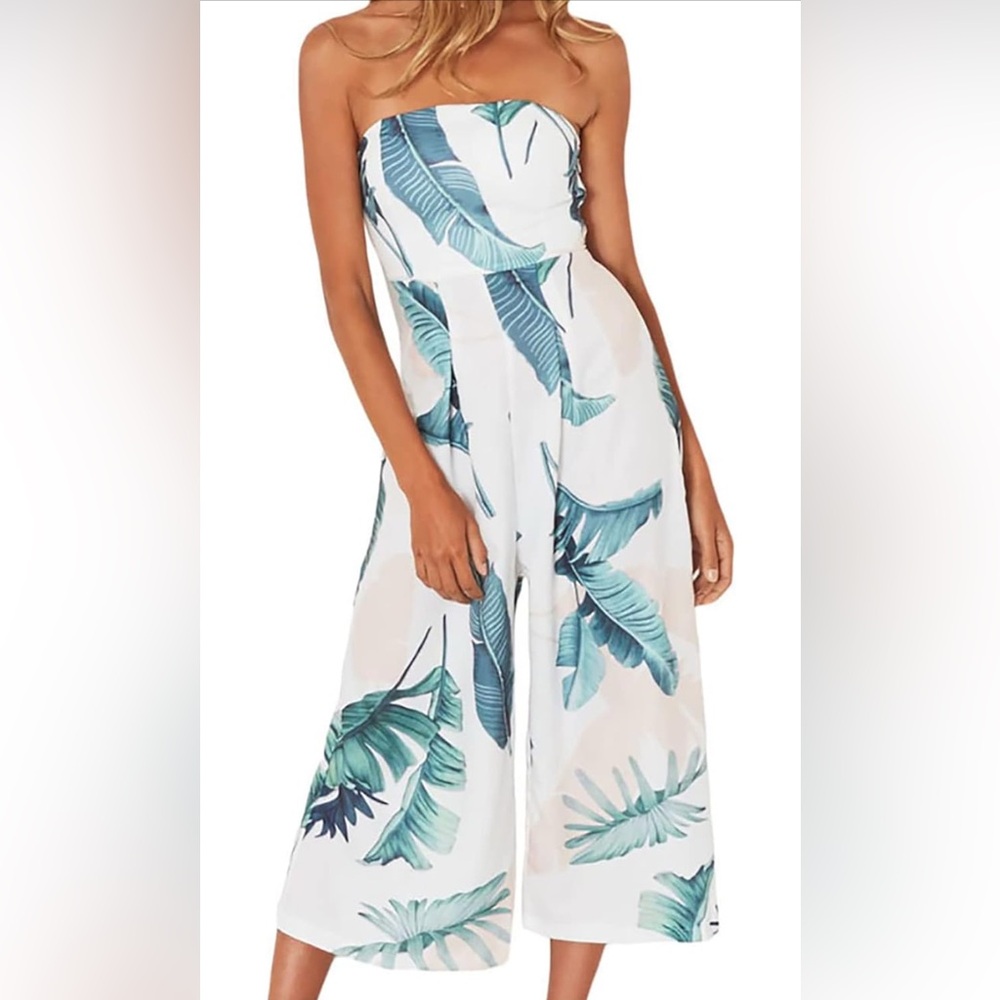 EUC Tropical Print Tube Top Jumpsuit Romper White, XX-Large